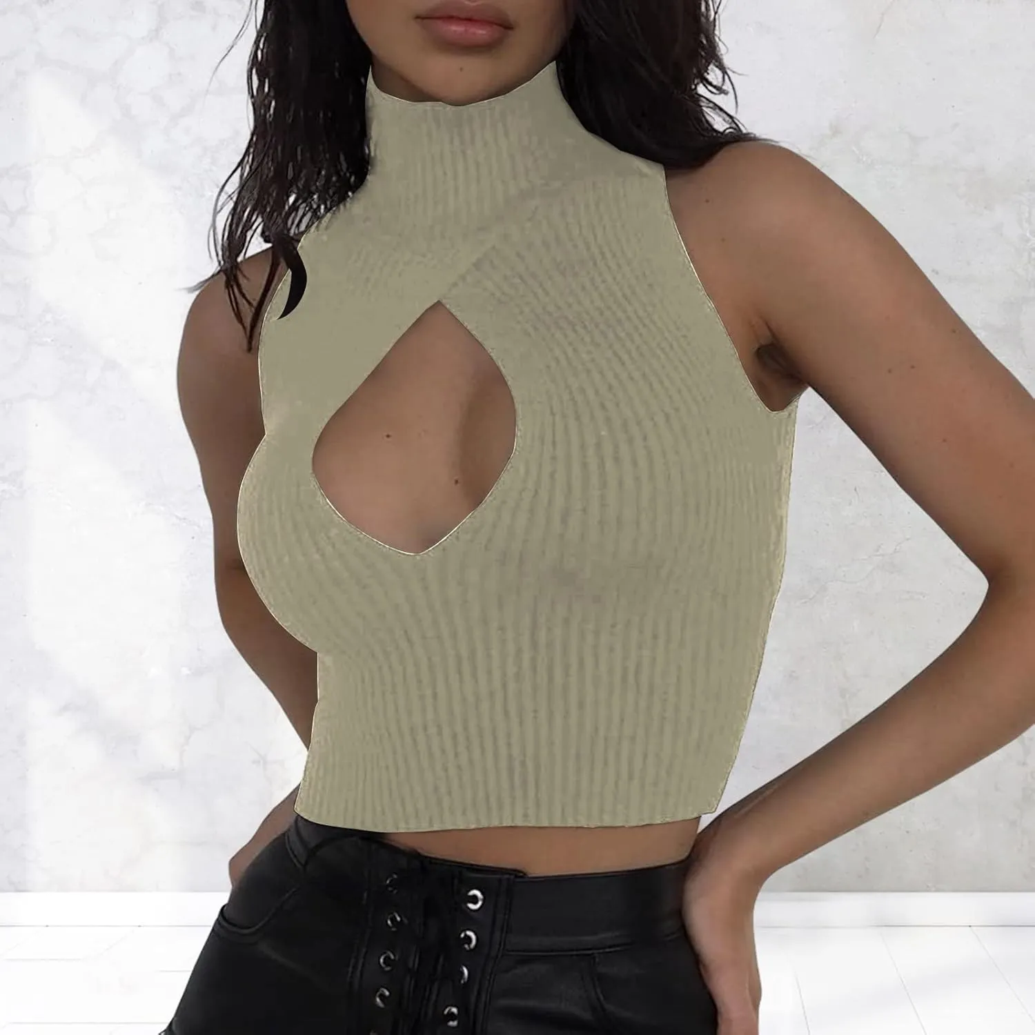 ACOSAP Women's Sleeveless Mock Neck Crop Top Sexy Cutout Turtleneck Slim Fit Rib Knit Tank Tops