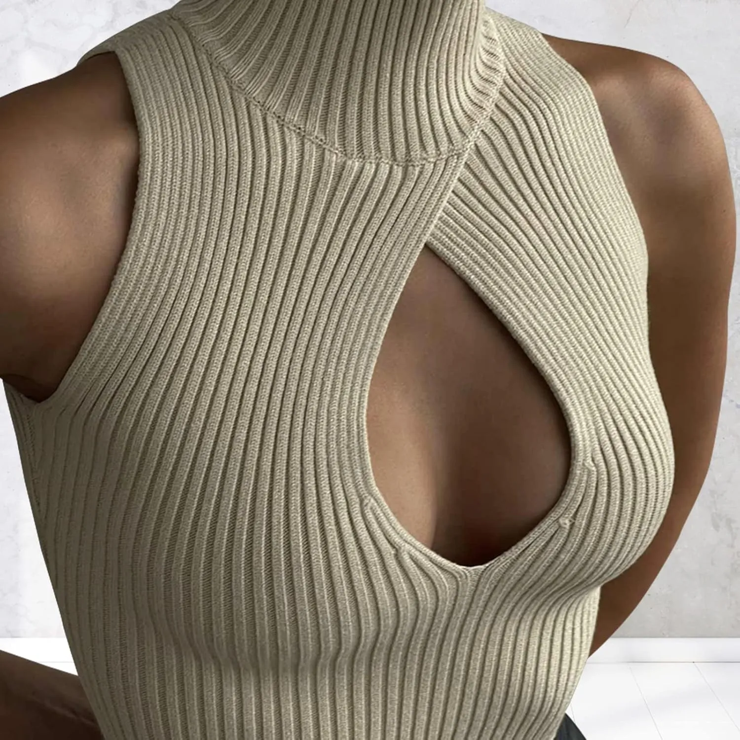 ACOSAP Women's Sleeveless Mock Neck Crop Top Sexy Cutout Turtleneck Slim Fit Rib Knit Tank Tops