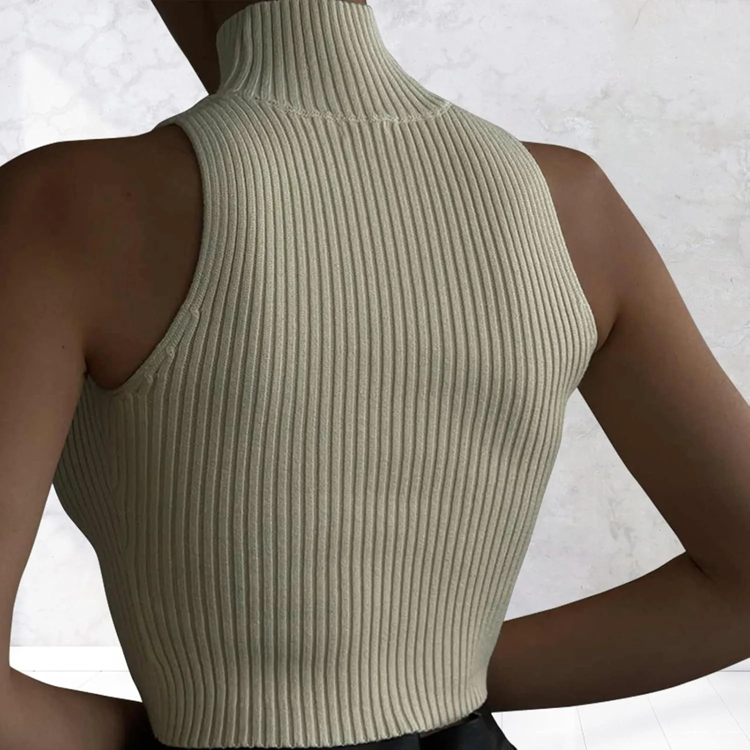 ACOSAP Women's Sleeveless Mock Neck Crop Top Sexy Cutout Turtleneck Slim Fit Rib Knit Tank Tops