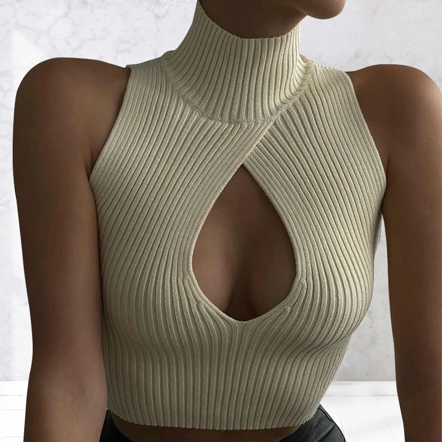 ACOSAP Women's Sleeveless Mock Neck Crop Top Sexy Cutout Turtleneck Slim Fit Rib Knit Tank Tops