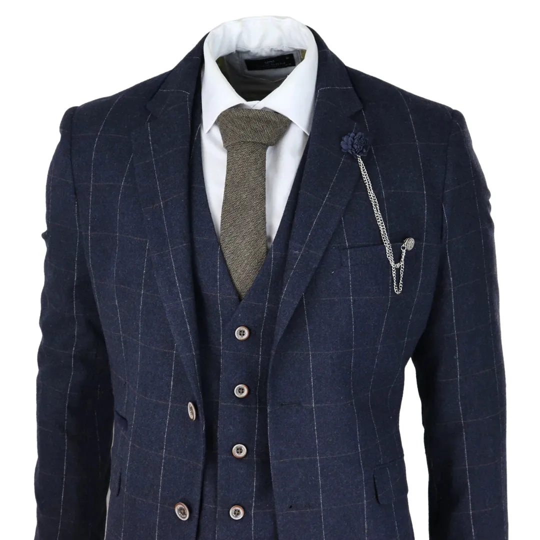 Angels - Men's Navy Check 3 Piece Suit Wool Tweed Classic 1920s Wedding
