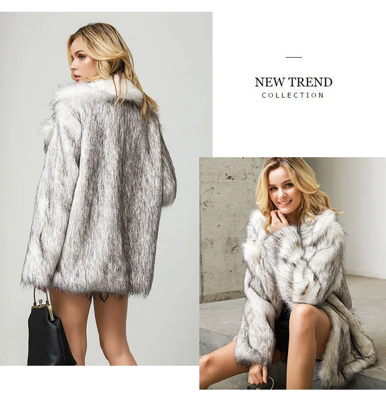 Beautiful White Background Black Tip Mid Length Blazer Overcoat Wool Faux Fur Coat