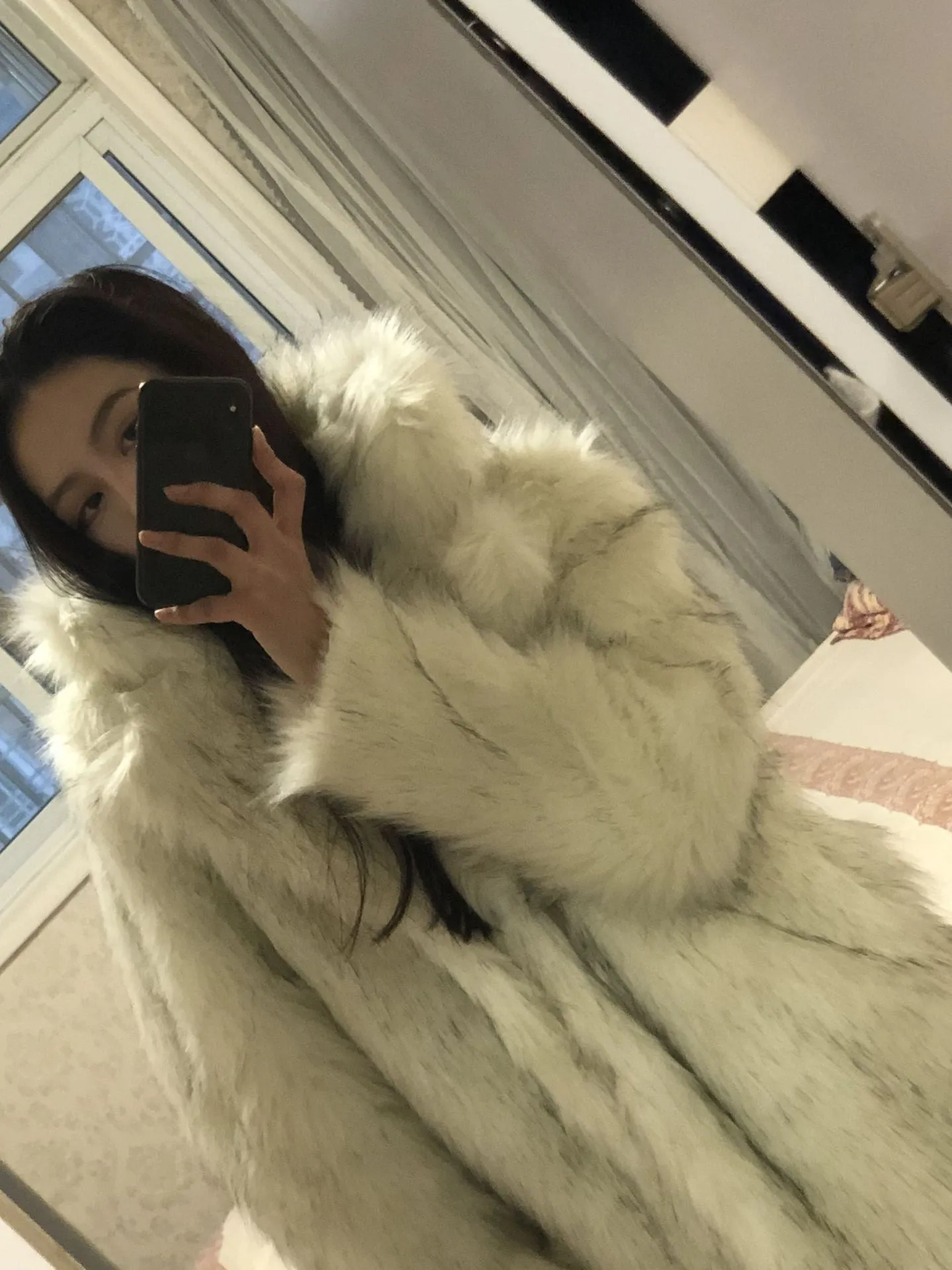 Beautiful White Background Black Tip Mid Length Blazer Overcoat Wool Faux Fur Coat