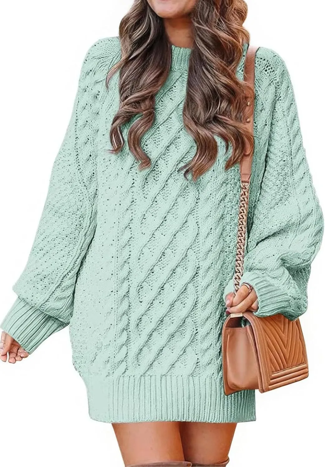 ebossy Women's Oversized Cable Knit Sweater Dress Fall Crewneck Batwing Sleeve Baggy Loose Pullover Tops