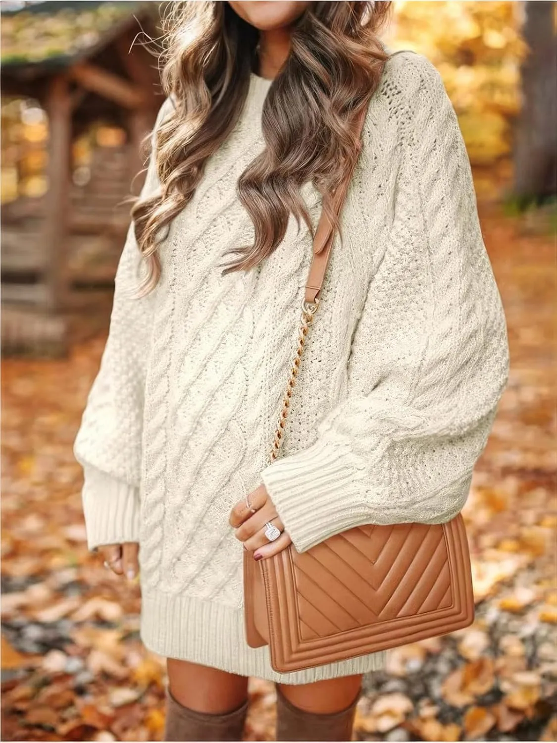 ebossy Women's Oversized Cable Knit Sweater Dress Fall Crewneck Batwing Sleeve Baggy Loose Pullover Tops