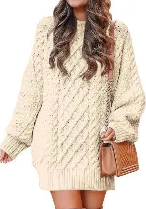ebossy Women's Oversized Cable Knit Sweater Dress Fall Crewneck Batwing Sleeve Baggy Loose Pullover Tops