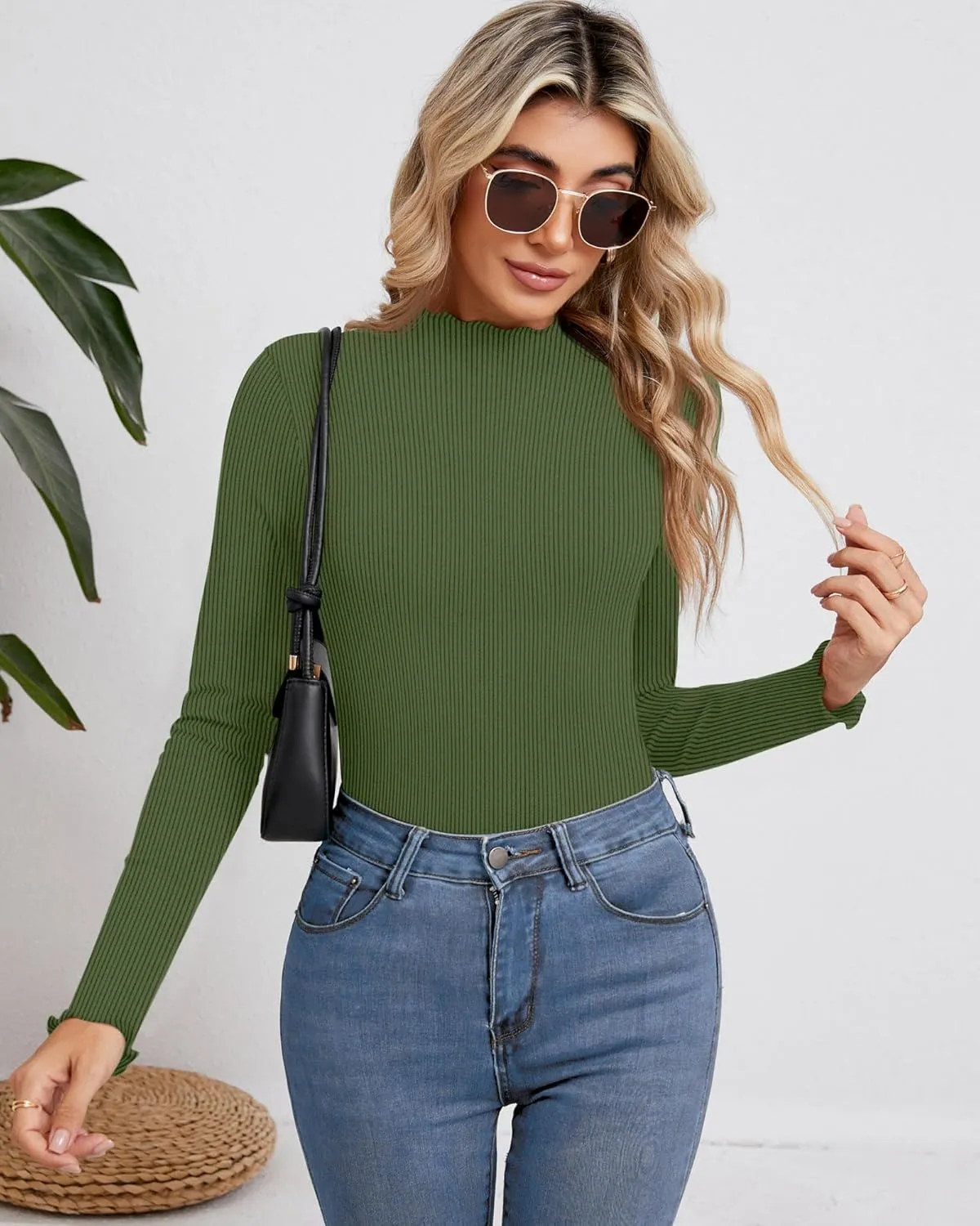 Ficerd 3 Pack Ribbed Mock Turtleneck Tops for Women Long Sleeve Lettuce Trim Shirts Slim Fit Tee Base Layer