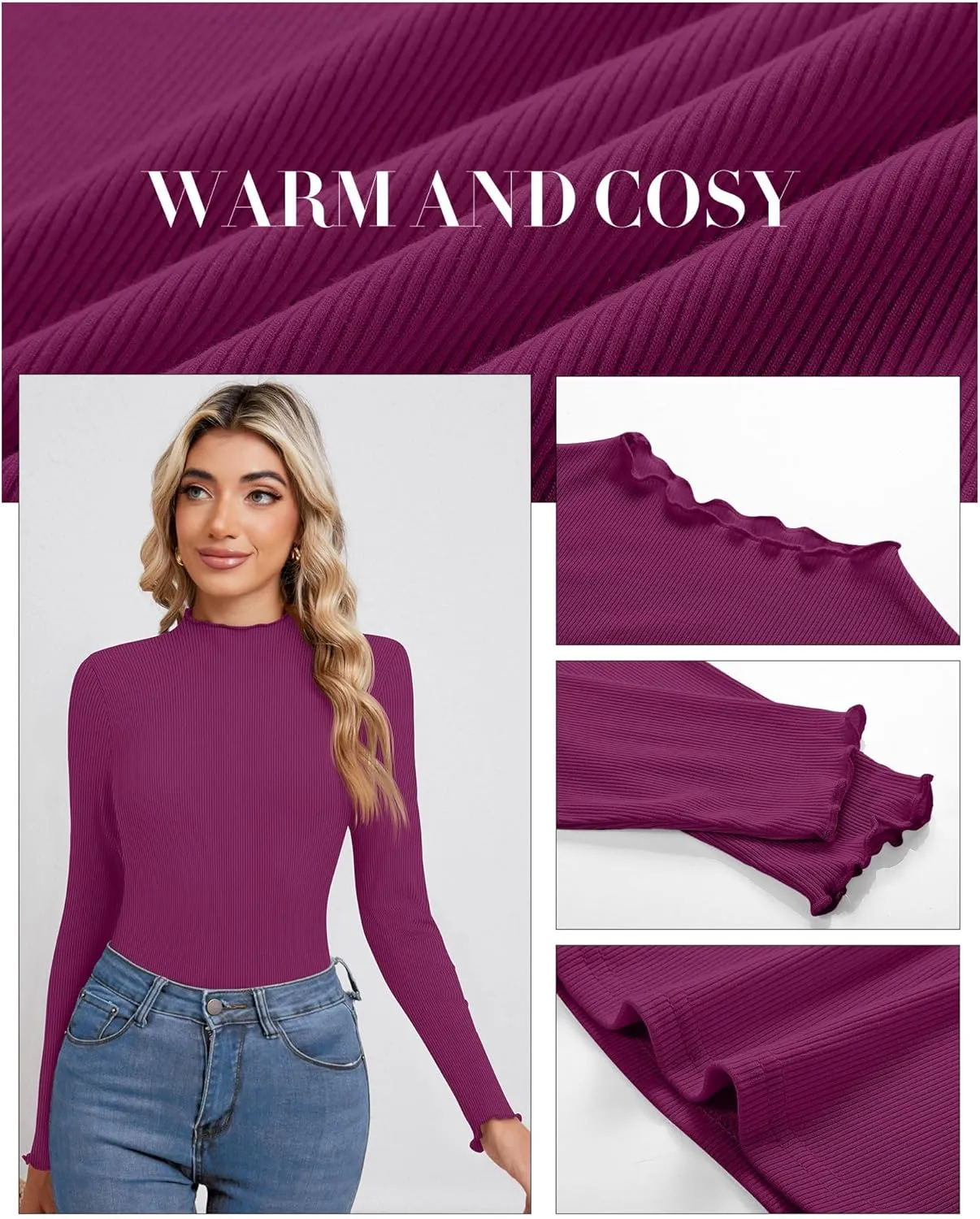 Ficerd 3 Pack Ribbed Mock Turtleneck Tops for Women Long Sleeve Lettuce Trim Shirts Slim Fit Tee Base Layer