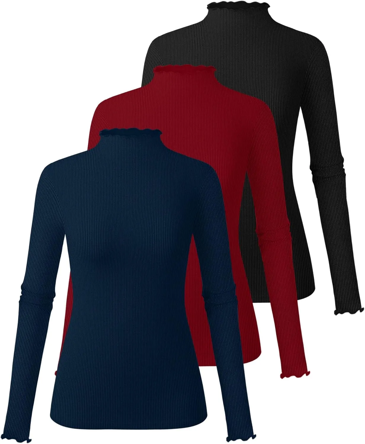 Ficerd 3 Pack Ribbed Mock Turtleneck Tops for Women Long Sleeve Lettuce Trim Shirts Slim Fit Tee Base Layer