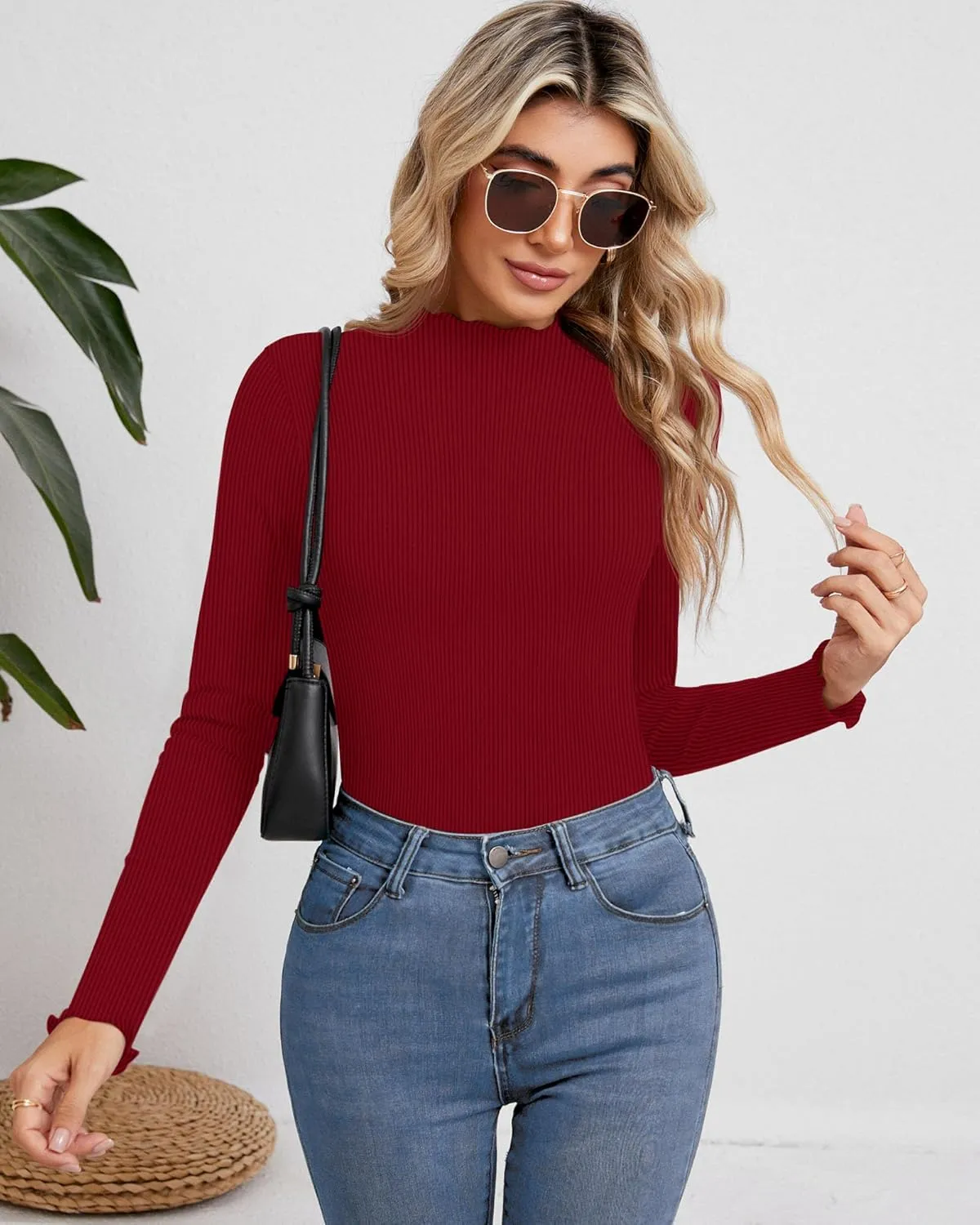 Ficerd 3 Pack Ribbed Mock Turtleneck Tops for Women Long Sleeve Lettuce Trim Shirts Slim Fit Tee Base Layer