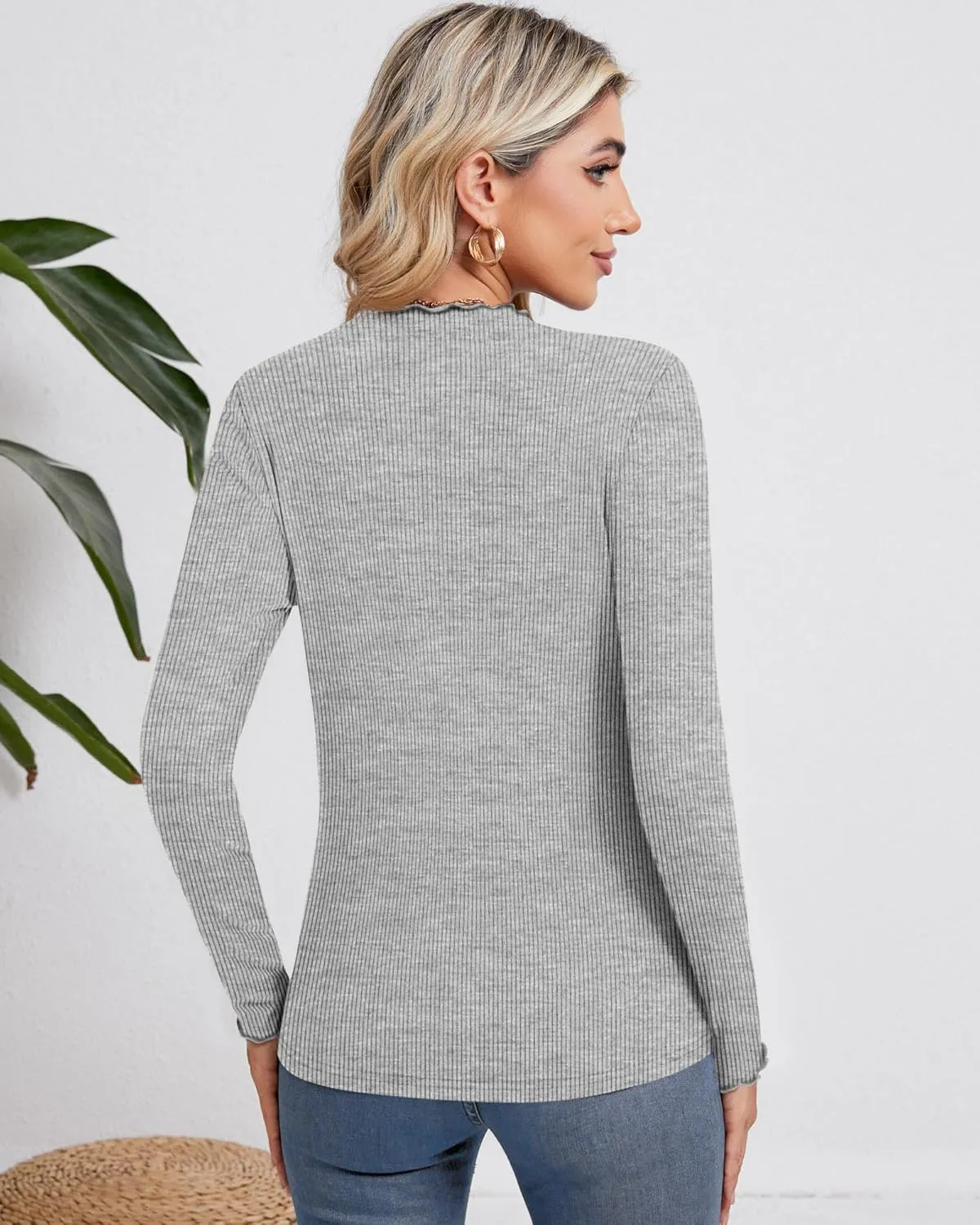 Ficerd 3 Pack Ribbed Mock Turtleneck Tops for Women Long Sleeve Lettuce Trim Shirts Slim Fit Tee Base Layer