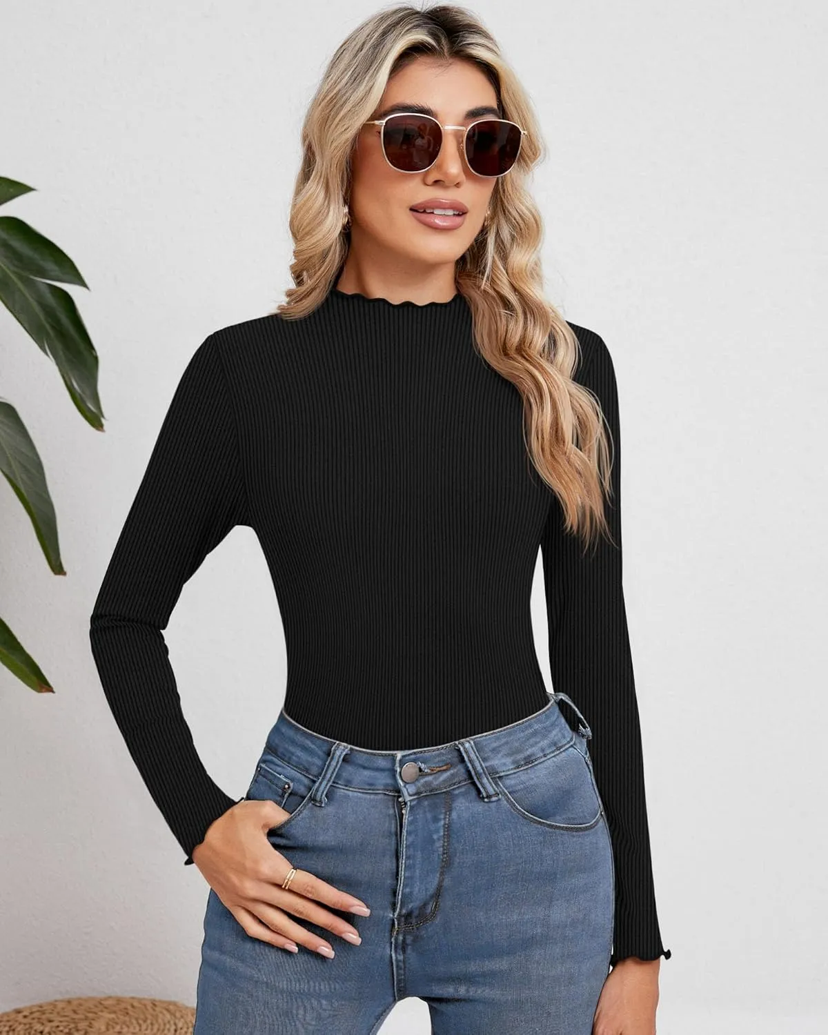 Ficerd 3 Pack Ribbed Mock Turtleneck Tops for Women Long Sleeve Lettuce Trim Shirts Slim Fit Tee Base Layer