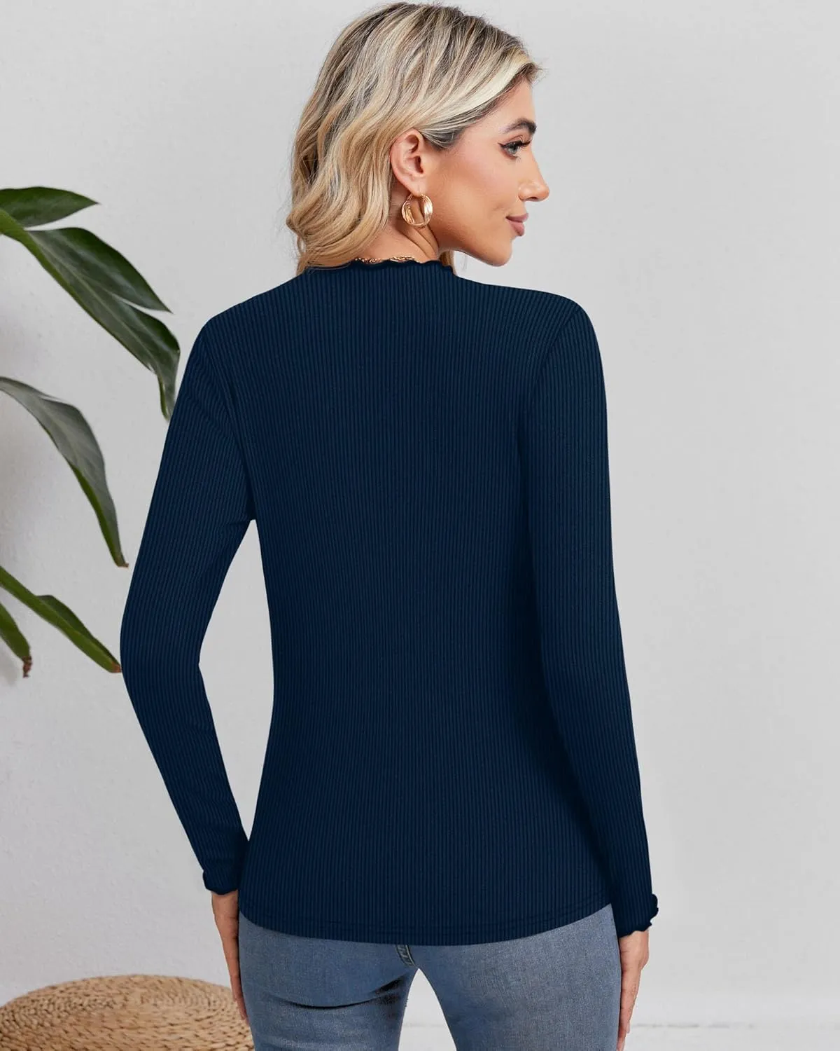 Ficerd 3 Pack Ribbed Mock Turtleneck Tops for Women Long Sleeve Lettuce Trim Shirts Slim Fit Tee Base Layer