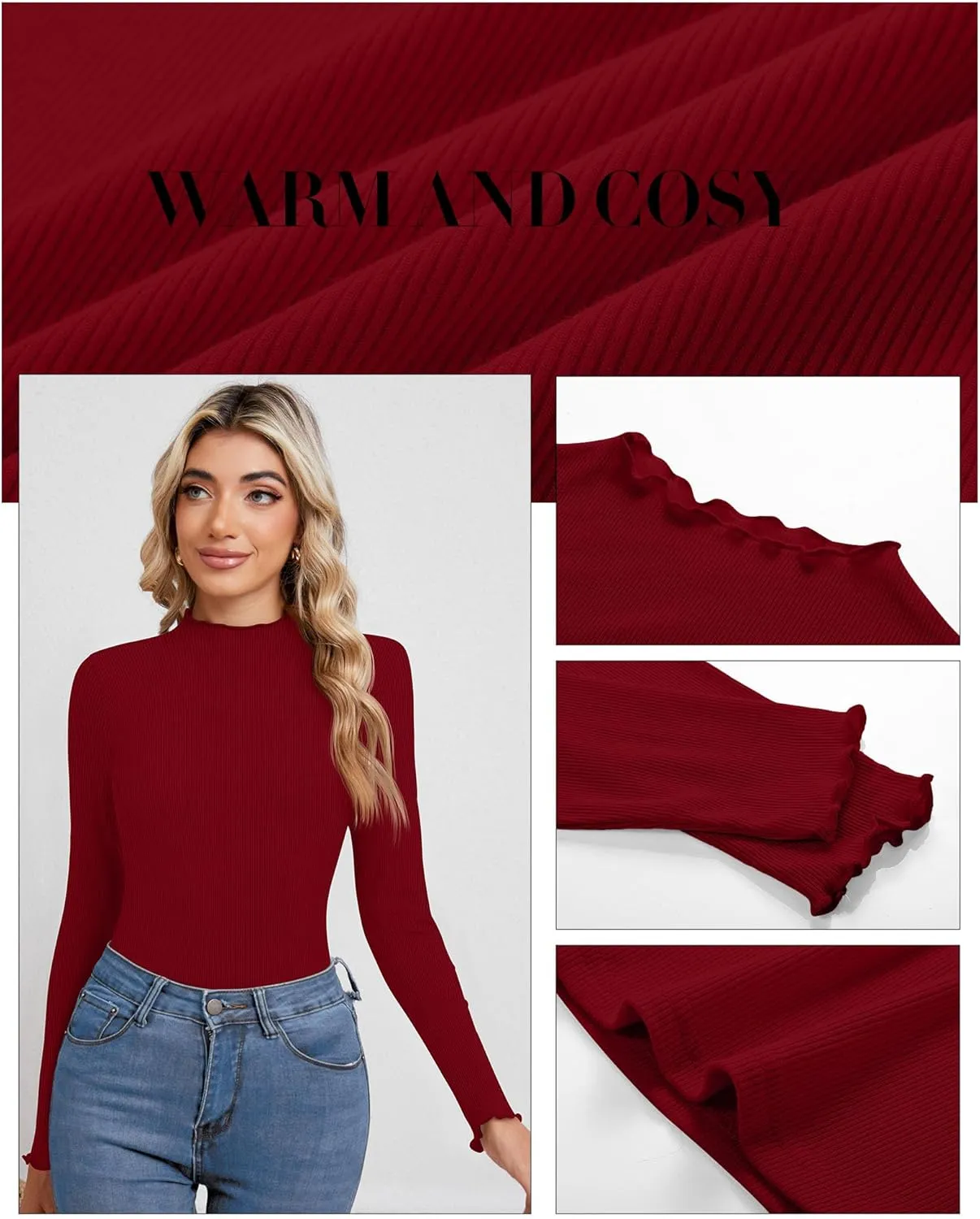 Ficerd 3 Pack Ribbed Mock Turtleneck Tops for Women Long Sleeve Lettuce Trim Shirts Slim Fit Tee Base Layer