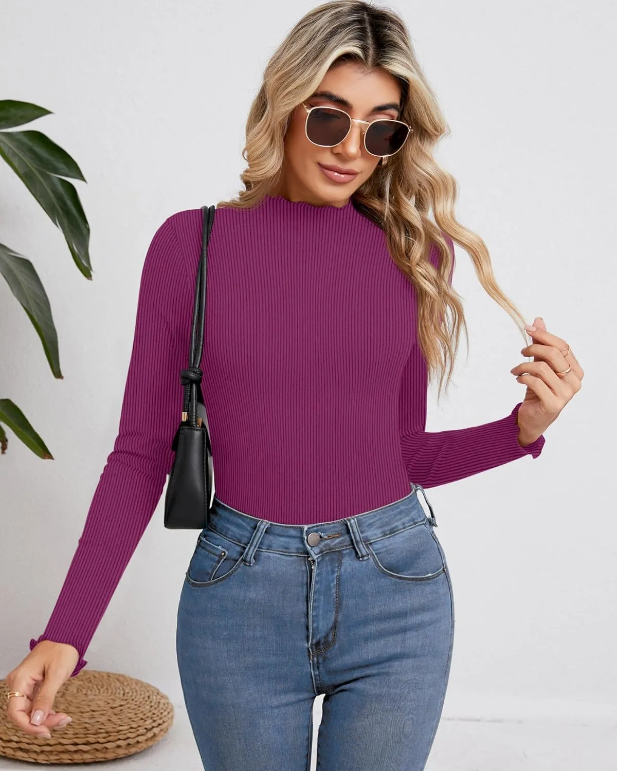 Ficerd 3 Pack Ribbed Mock Turtleneck Tops for Women Long Sleeve Lettuce Trim Shirts Slim Fit Tee Base Layer
