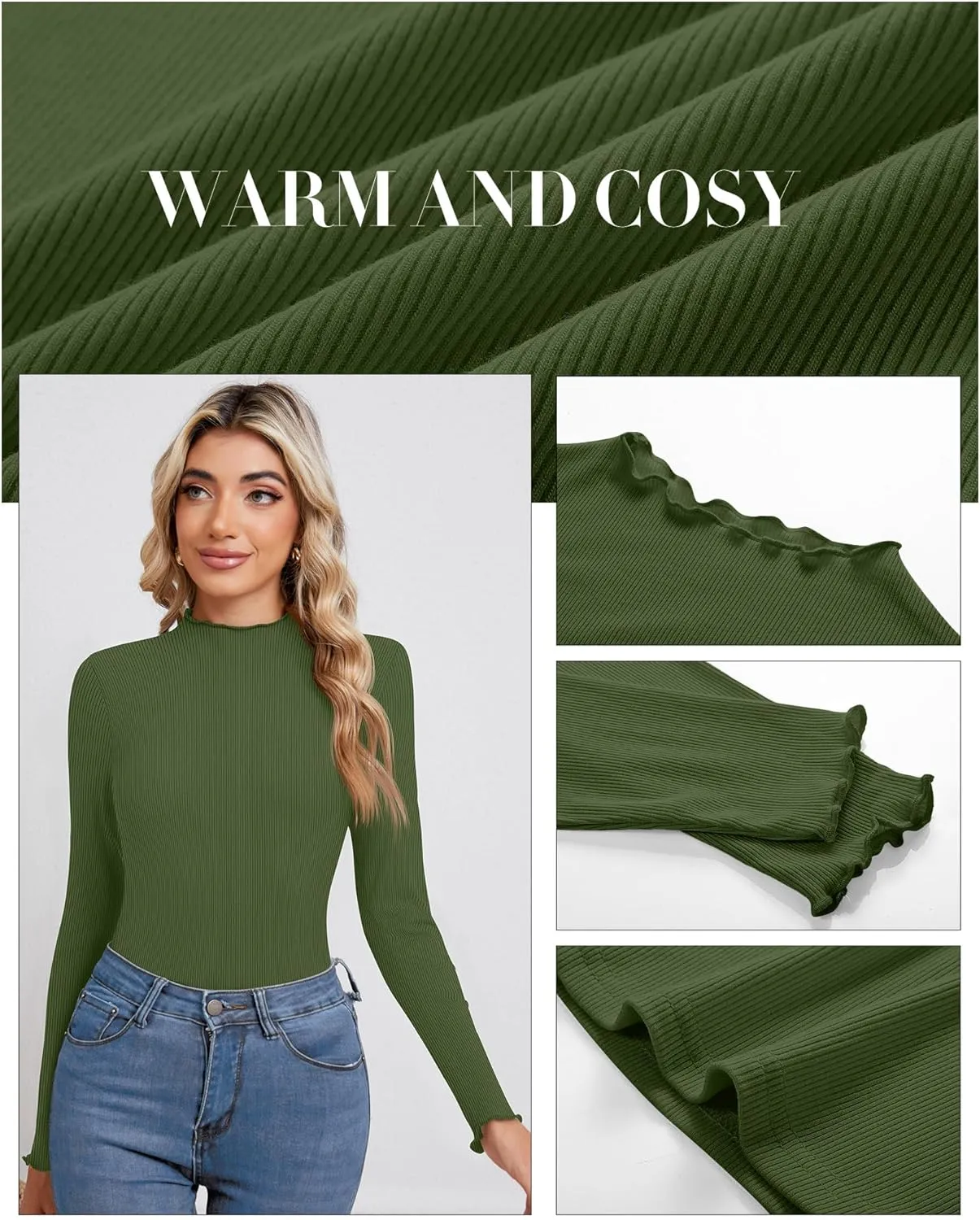 Ficerd 3 Pack Ribbed Mock Turtleneck Tops for Women Long Sleeve Lettuce Trim Shirts Slim Fit Tee Base Layer