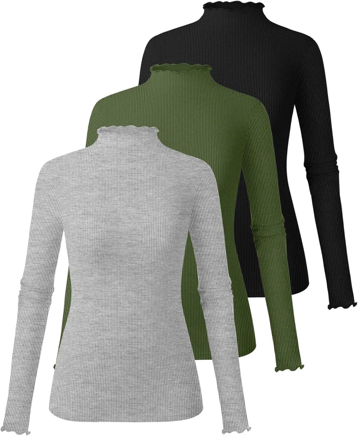 Ficerd 3 Pack Ribbed Mock Turtleneck Tops for Women Long Sleeve Lettuce Trim Shirts Slim Fit Tee Base Layer