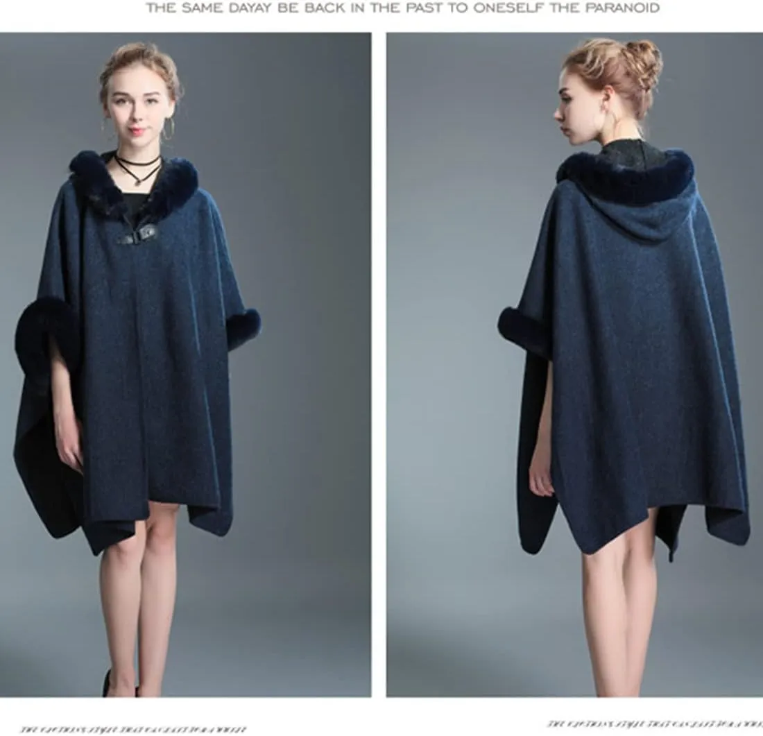 Gihuo Women's Luxury Batwing Sleeve Faux Fur Hooded Cloak Poncho Sweater Cape