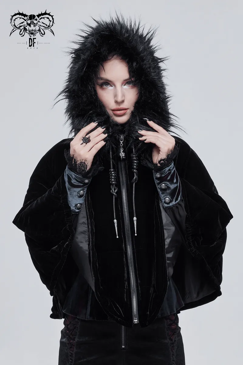 Gothic Faux Fur Hooded Cape / Warm Short Zipper Cape for Women / Alternative Female Clothing