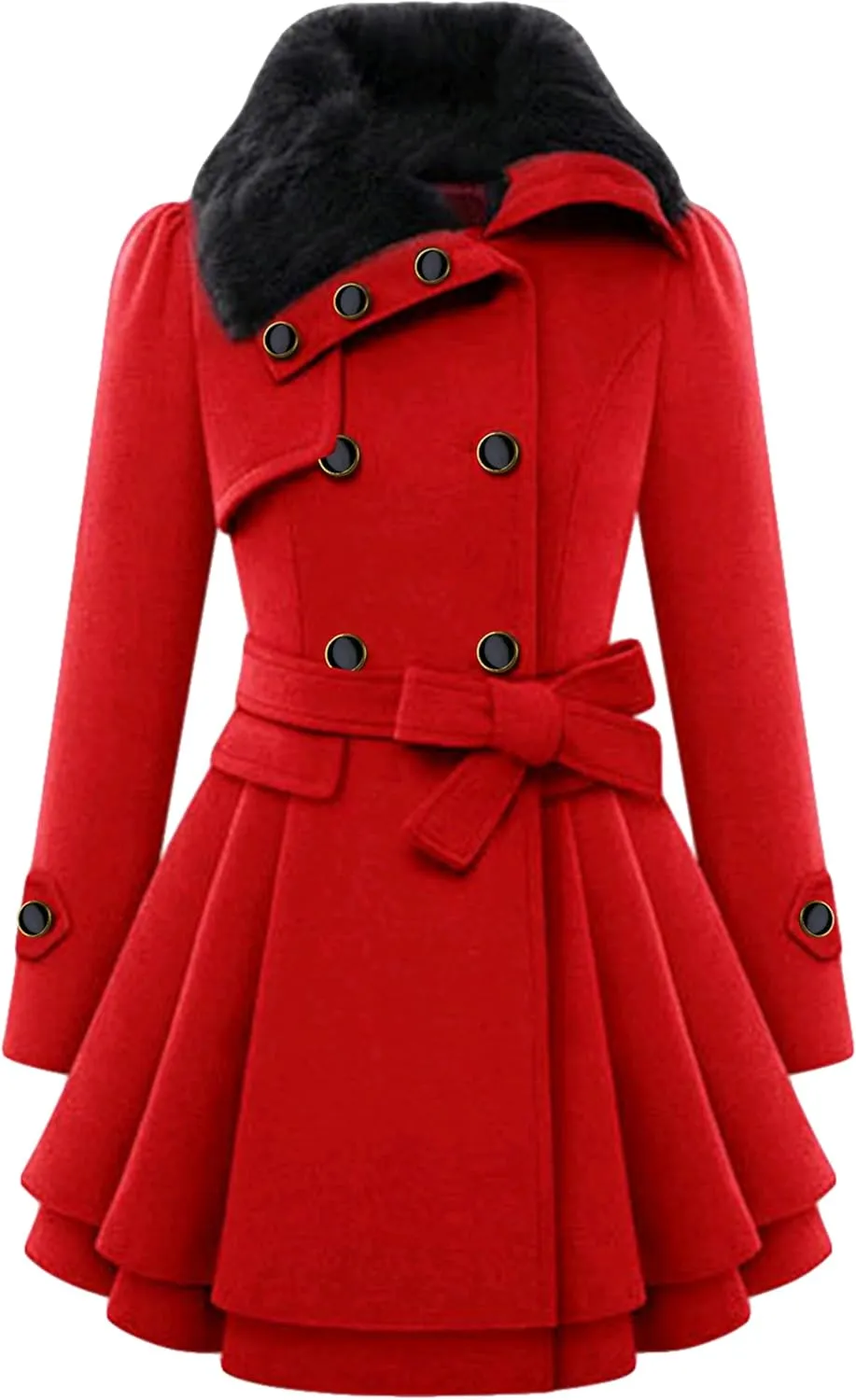 GRASWE Womens Wool Blend Faux Fur Collar Peacoat Warm Casual Winter Trench Coat Midi Legnth Double Breasted Fashion Jacket