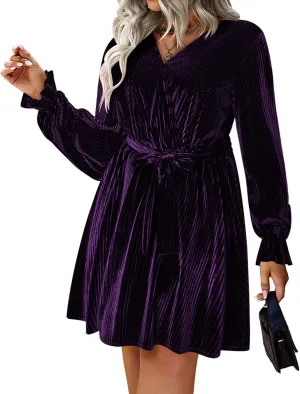 IN'VOLAND Women's Plus Size Velvet Dress Wrap Sexy V Neck Flared Cocktail Party Dresses Long Sleeve Semi Formal Mini Dress