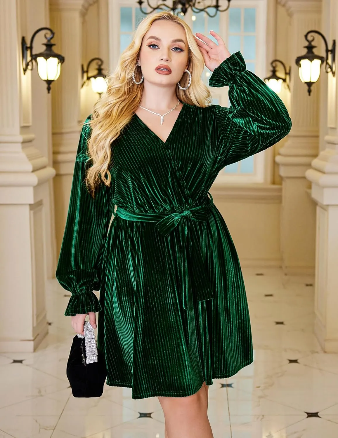 IN'VOLAND Women's Plus Size Velvet Dress Wrap Sexy V Neck Flared Cocktail Party Dresses Long Sleeve Semi Formal Mini Dress