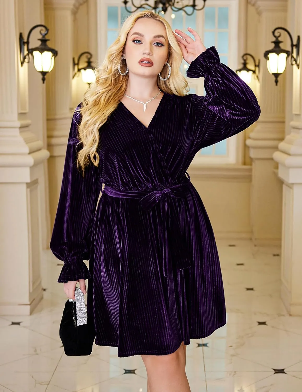 IN'VOLAND Women's Plus Size Velvet Dress Wrap Sexy V Neck Flared Cocktail Party Dresses Long Sleeve Semi Formal Mini Dress