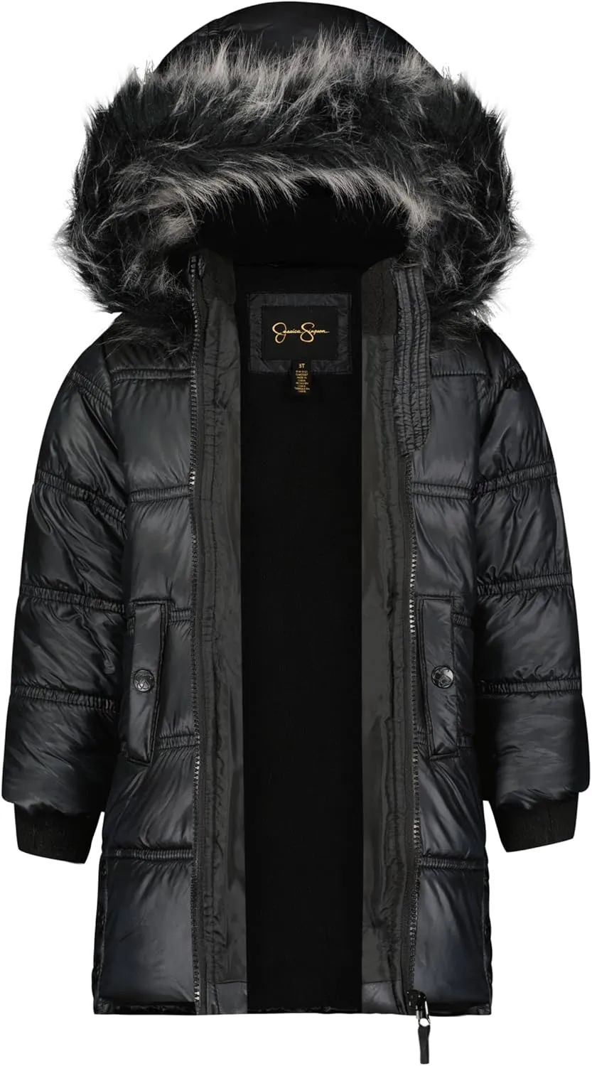 Jessica Simpson Girls' Mid-Length Heavyweight Puffer Jacket with Faux Fur Hood Winter Coat
