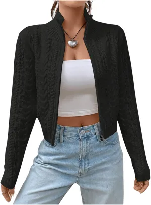 MakeMeChic Women's Cable Knit Mock Neck Zipper Crop Top Long Sleeve Lightweight Cardigan Sweater