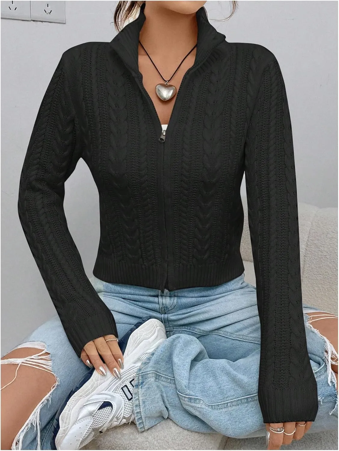 MakeMeChic Women's Cable Knit Mock Neck Zipper Crop Top Long Sleeve Lightweight Cardigan Sweater