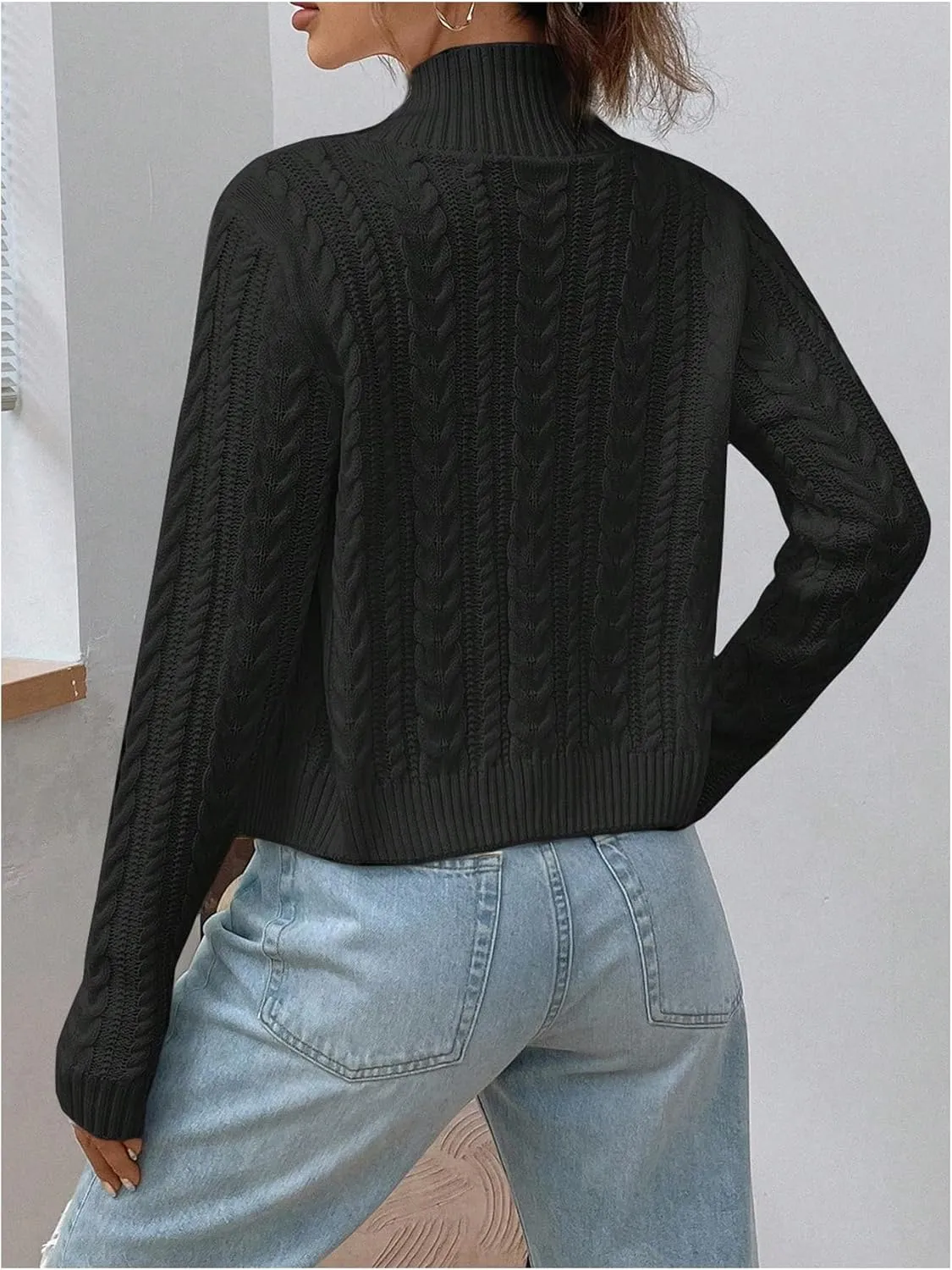 MakeMeChic Women's Cable Knit Mock Neck Zipper Crop Top Long Sleeve Lightweight Cardigan Sweater