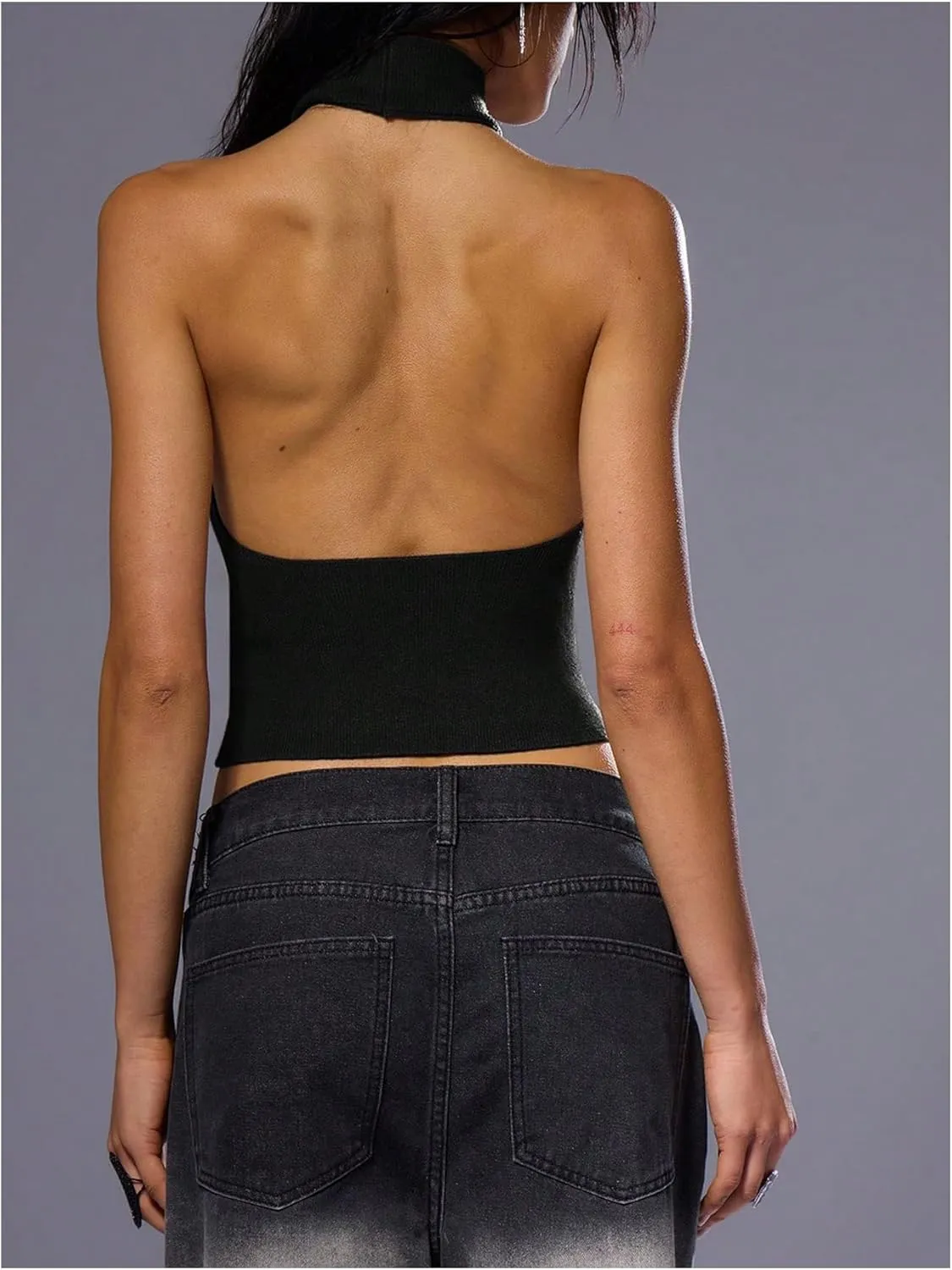 MakeMeChic Women's Mock Neck Sweater Halter Backless Rib Knit Fitted Crop Tops
