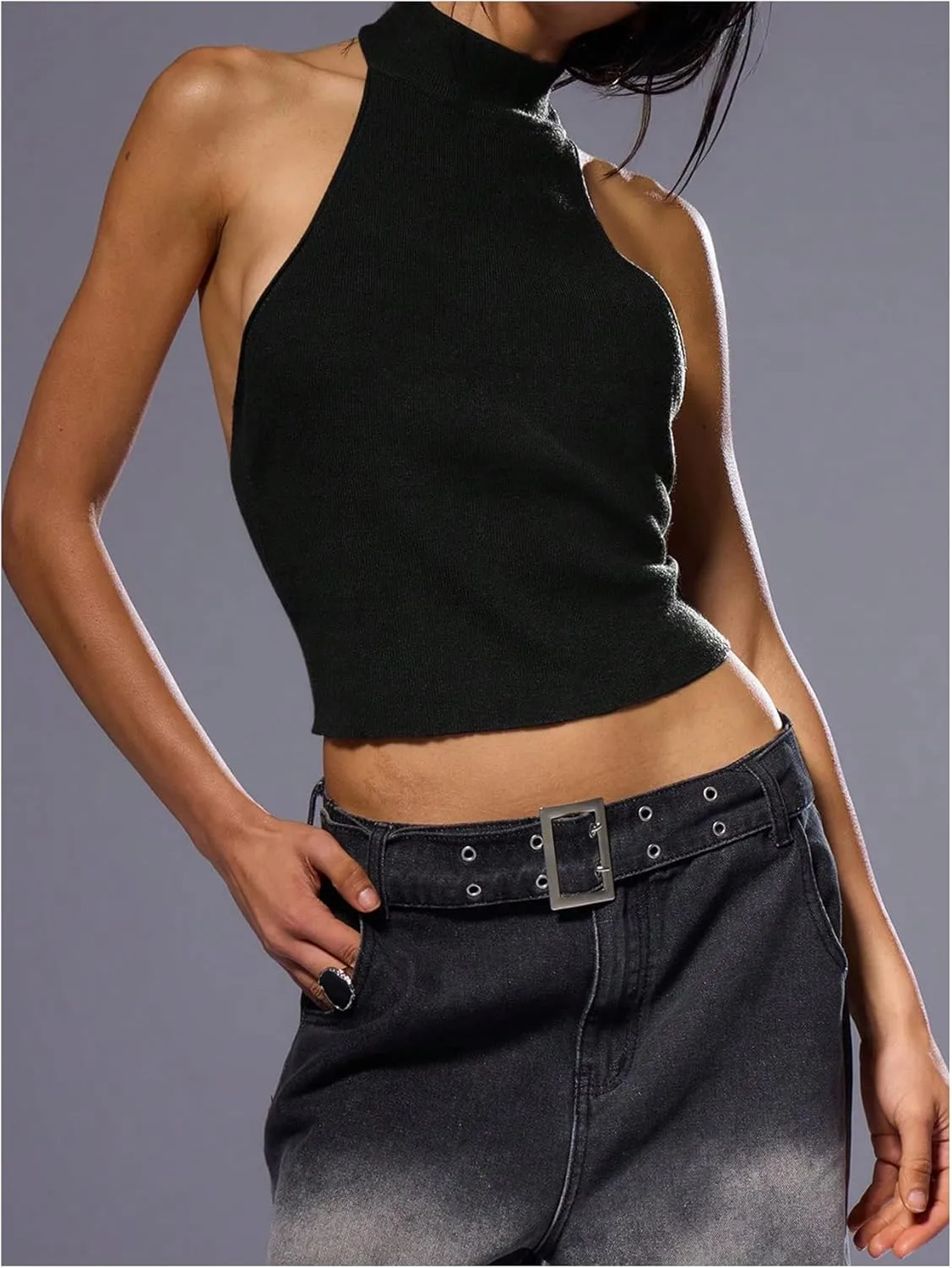 MakeMeChic Women's Mock Neck Sweater Halter Backless Rib Knit Fitted Crop Tops