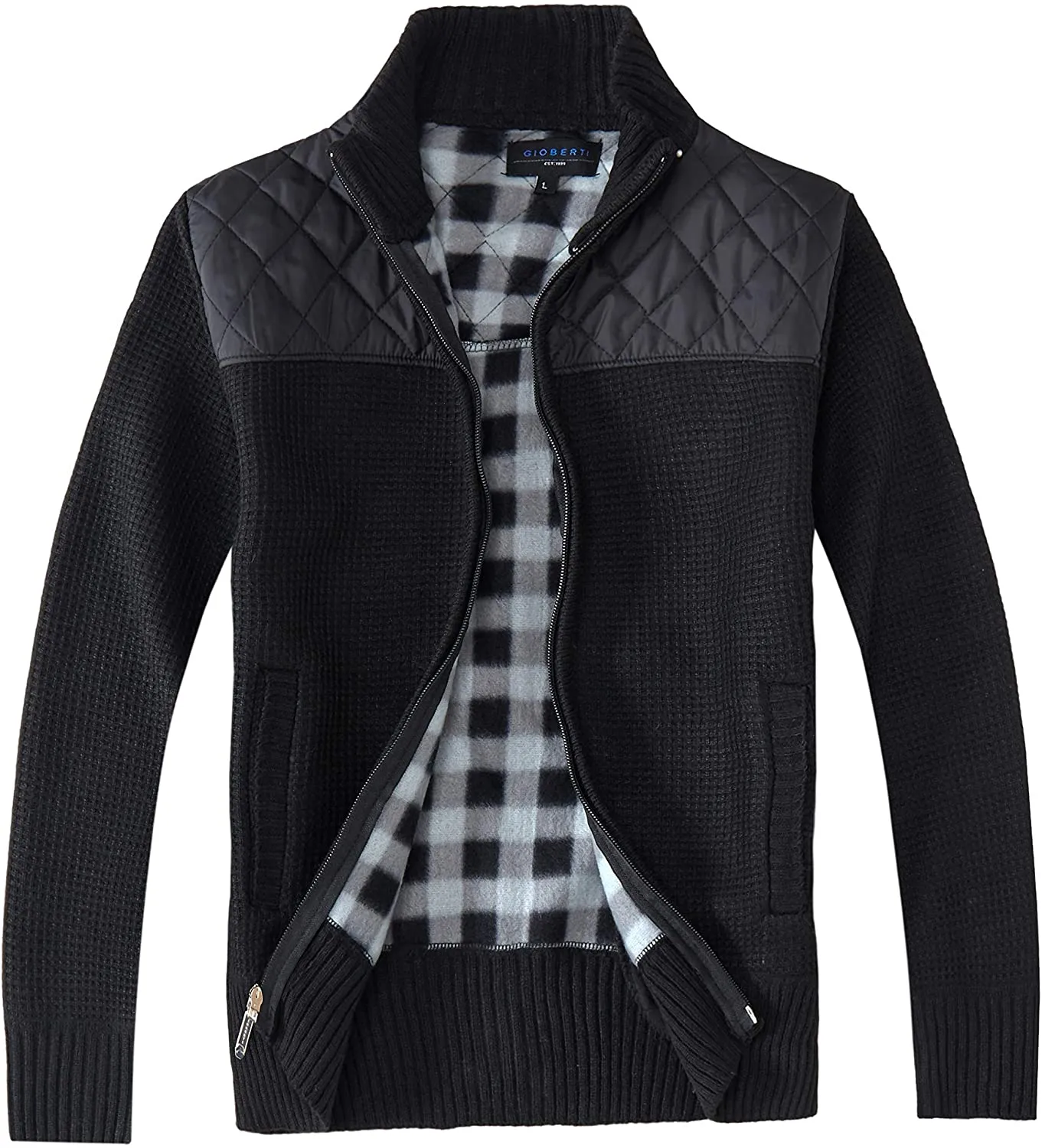 Men's Black Knitted Regular Fit Full Zip Cardigan Sweater with Soft Brushed Flannel Lining