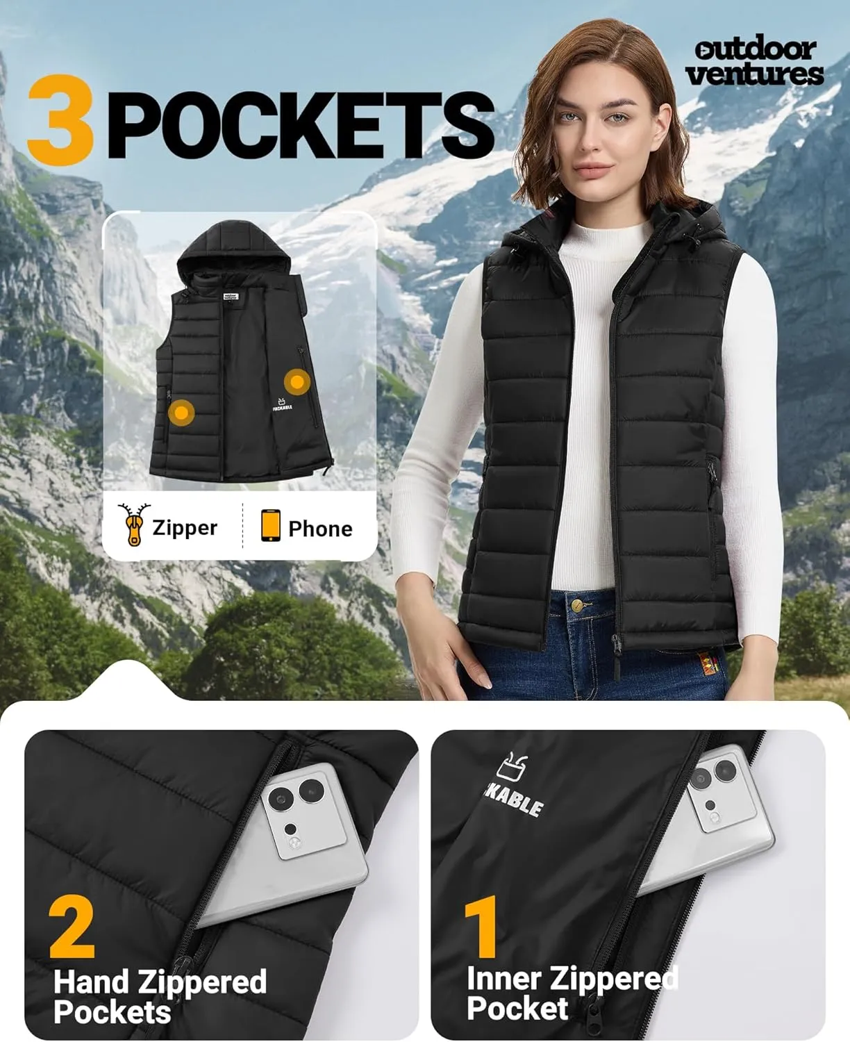 Outdoor Ventures Women's Lightweight Packable Hooded Puffer Vest Outerwear Zip Up Warm Sleeveless Winter Jacket Quilted Coat