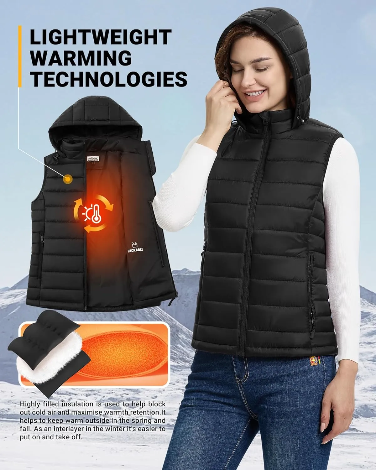 Outdoor Ventures Women's Lightweight Packable Hooded Puffer Vest Outerwear Zip Up Warm Sleeveless Winter Jacket Quilted Coat