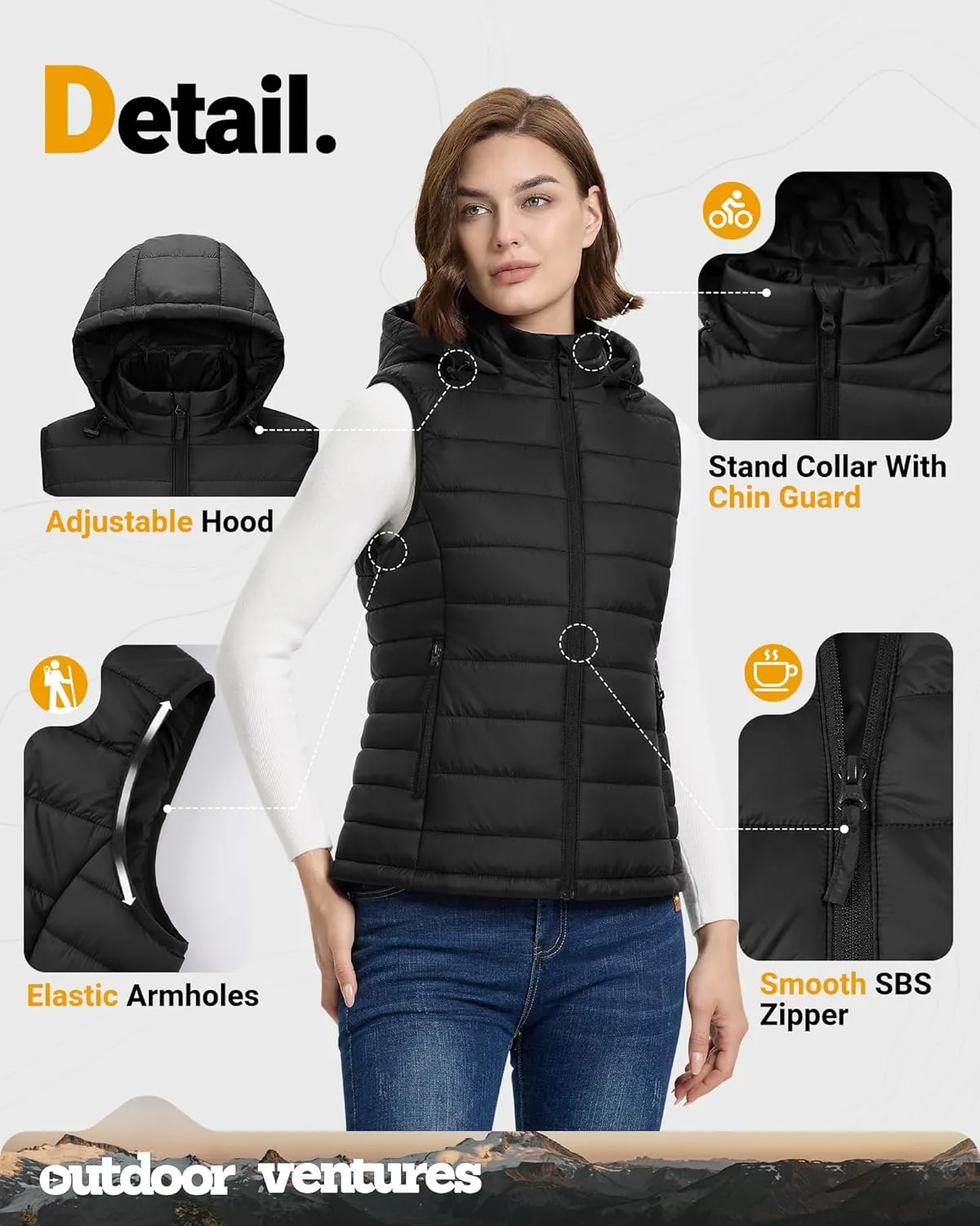 Outdoor Ventures Women's Lightweight Packable Hooded Puffer Vest Outerwear Zip Up Warm Sleeveless Winter Jacket Quilted Coat