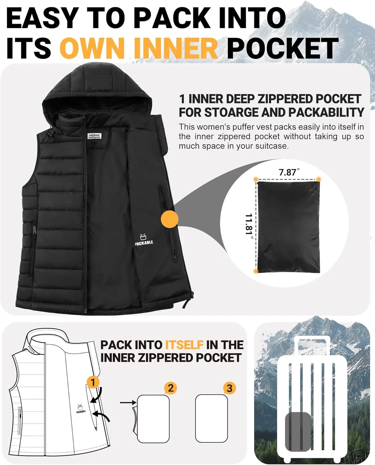 Outdoor Ventures Women's Lightweight Packable Hooded Puffer Vest Outerwear Zip Up Warm Sleeveless Winter Jacket Quilted Coat