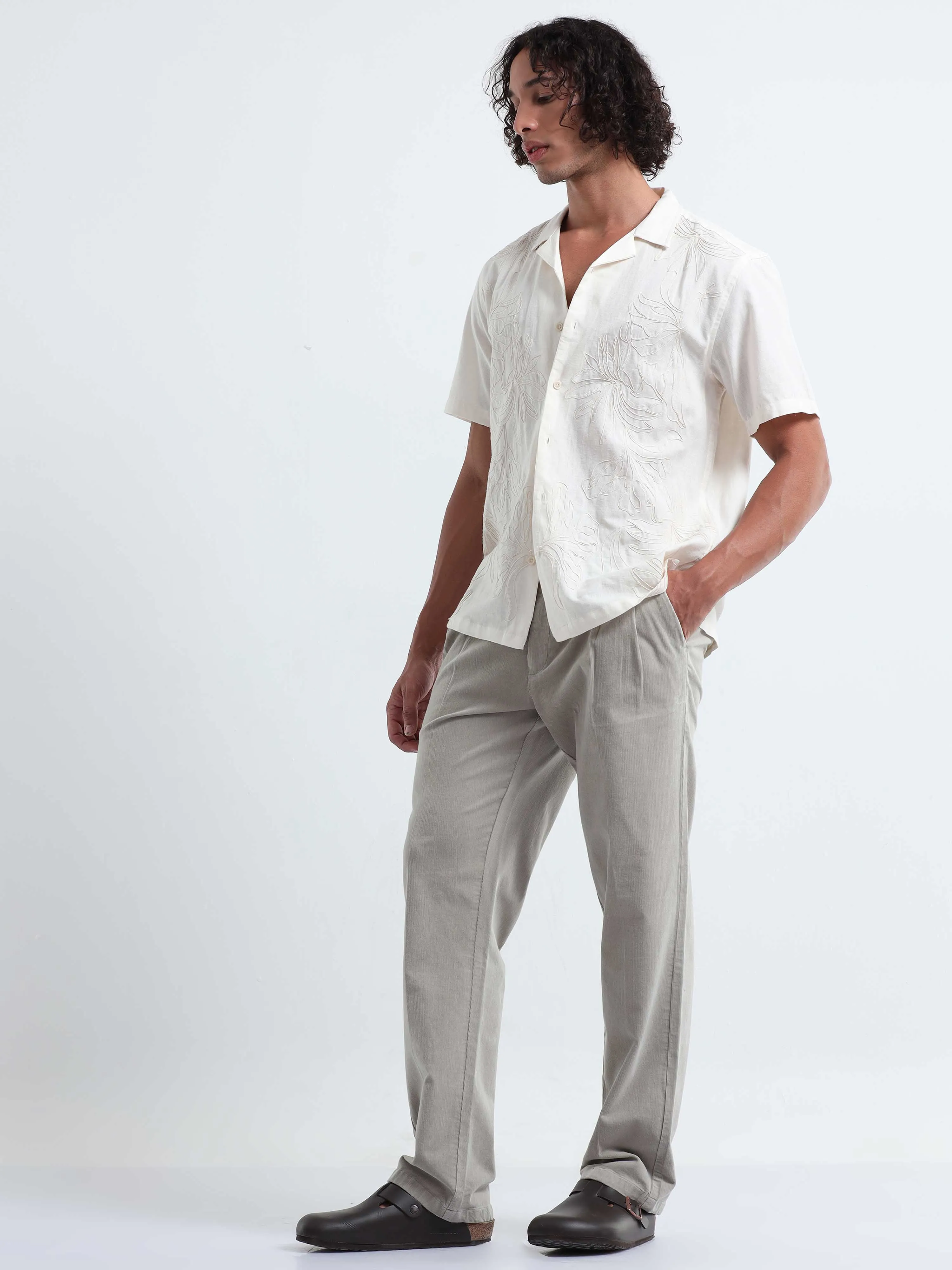 Soft Corduroy Light Grey Relaxed Pleated Pant
