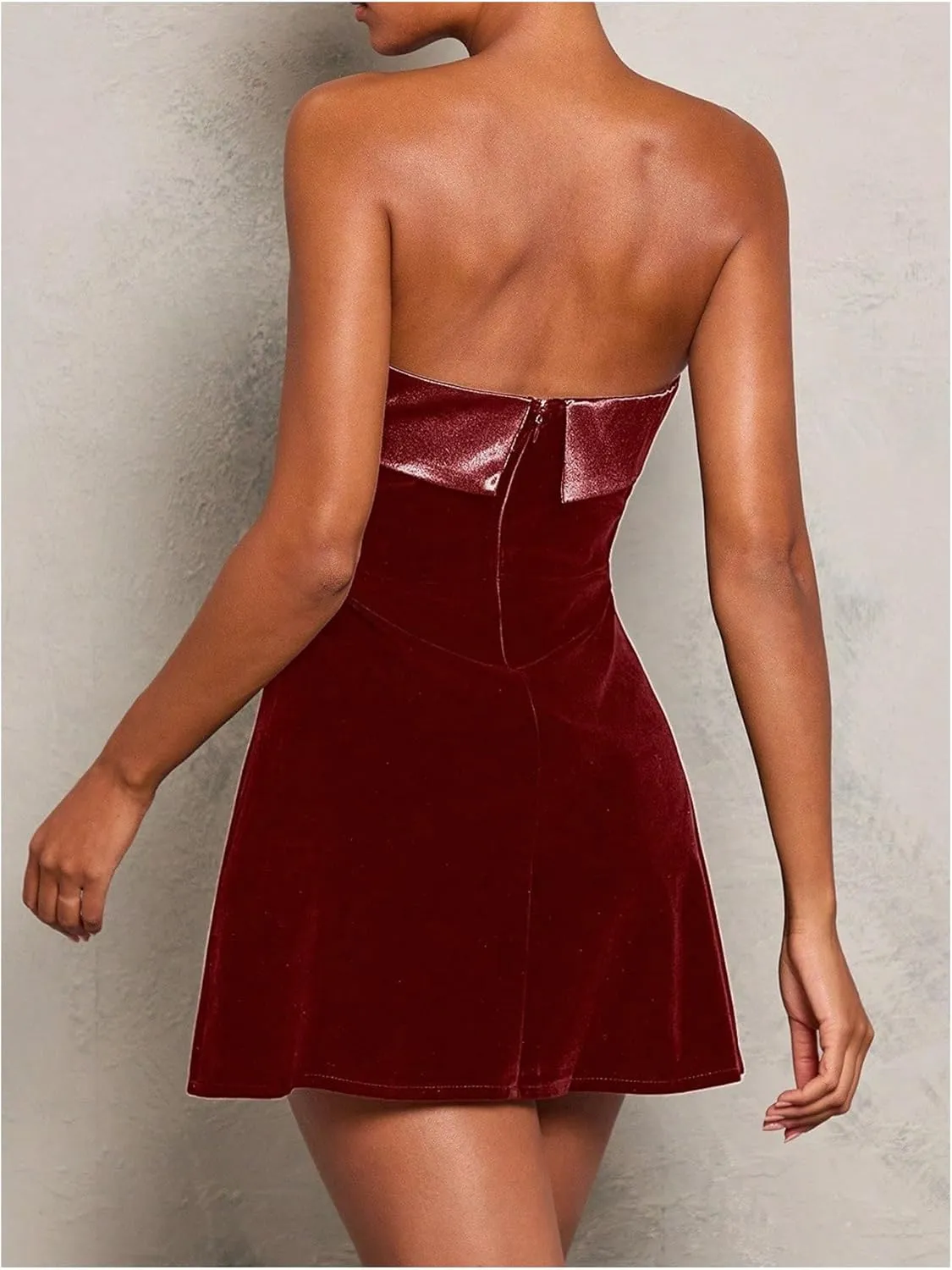 SOLY HUX Women's Elegant Strapless Velvet Dress High Waisted Flared A Line Wedding Guest Mini Tube Dress