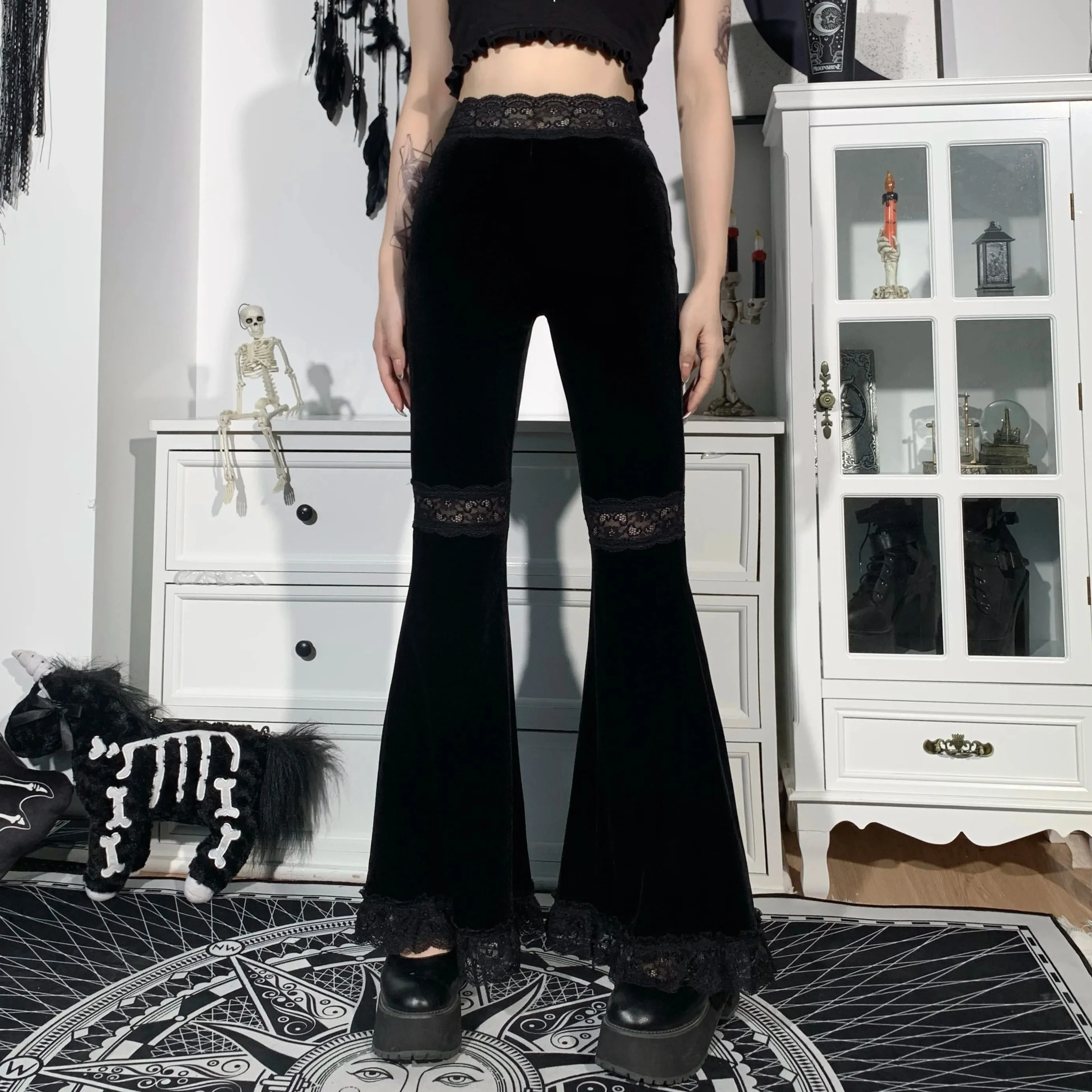 Vvsha  party look inspos Mall Goth High Waist Flared Pants Aesthetic Sexy Lace Patchwork Women's Pants Vintage Elegant Velvet Christmas Trousers