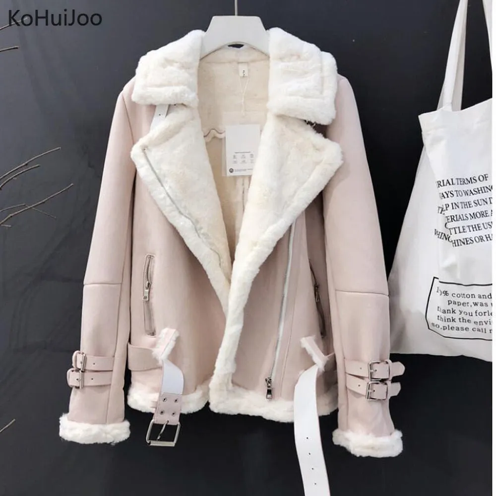 Winter Suede Jacket Women Thick Motorcycle Lambs Wool Coat Female Shearling Overcoat