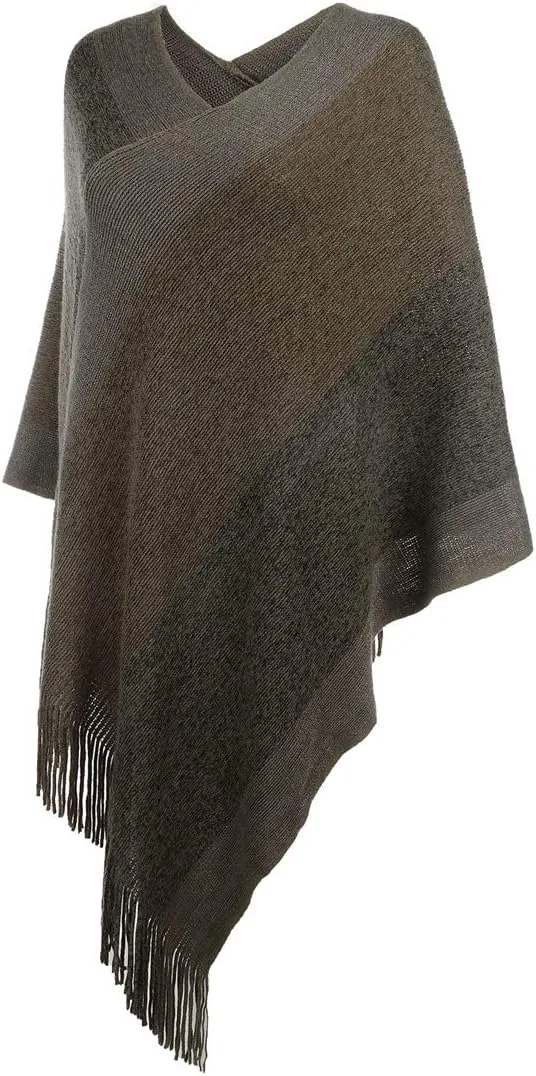 Women's Elegant Knitted Shawl Poncho with Fringed V-Neck Striped Sweater Pullover Cape Gifts for Women Mom