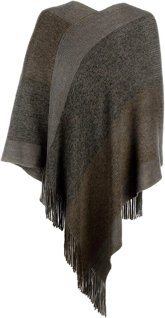 Women's Elegant Knitted Shawl Poncho with Fringed V-Neck Striped Sweater Pullover Cape Gifts for Women Mom