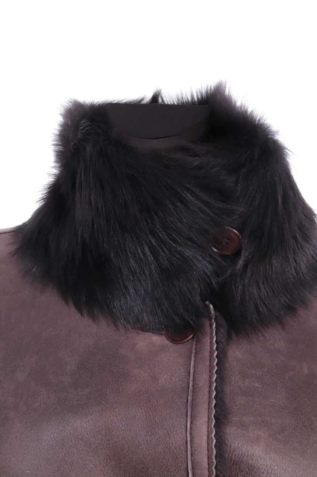 Women's INES MARECHAL Brown Lambskin Leather Fur Collar Shearling Coat Size 38