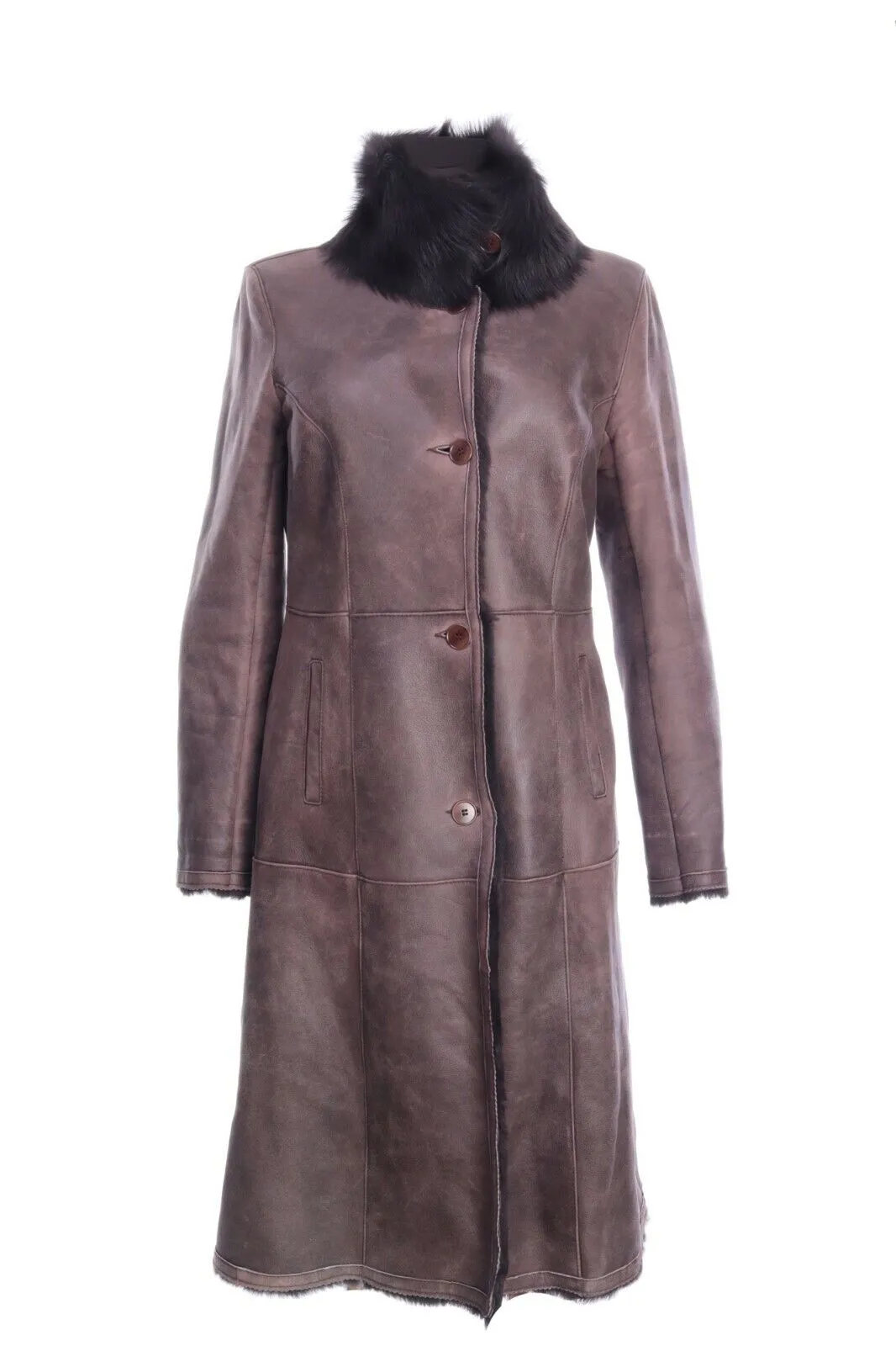 Women's INES MARECHAL Brown Lambskin Leather Fur Collar Shearling Coat Size 38