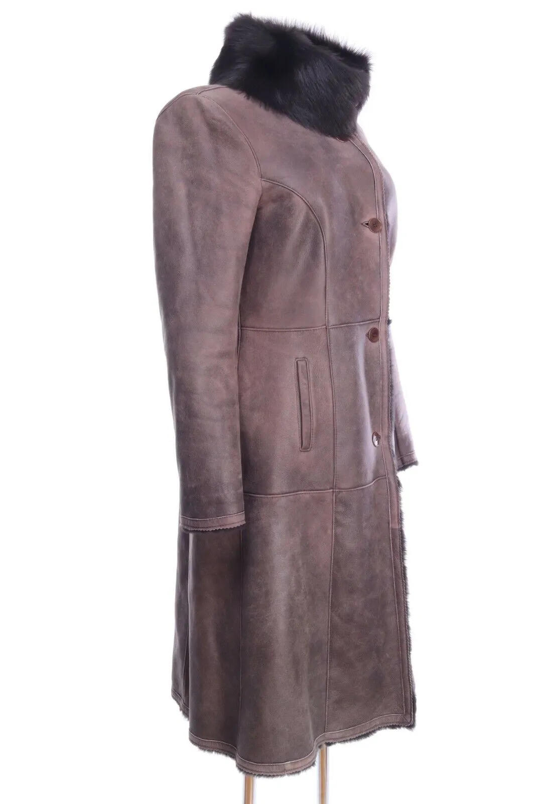 Women's INES MARECHAL Brown Lambskin Leather Fur Collar Shearling Coat Size 38