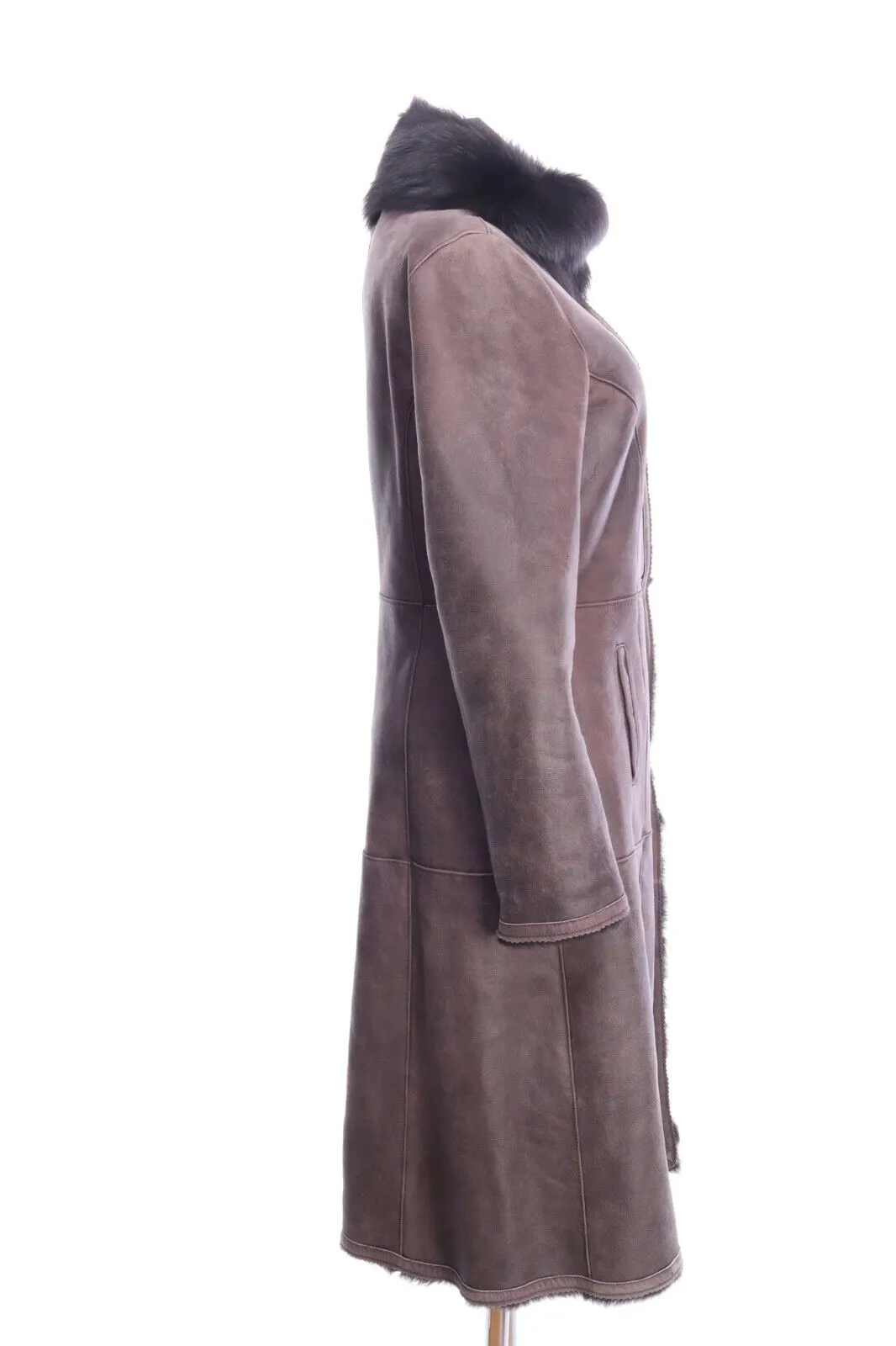 Women's INES MARECHAL Brown Lambskin Leather Fur Collar Shearling Coat Size 38