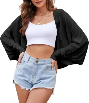 Women's Open Front Casual Long Sleeve Loose Batwing Sweaters Cardigan Lightweight Shrug Knit Bolero Tops